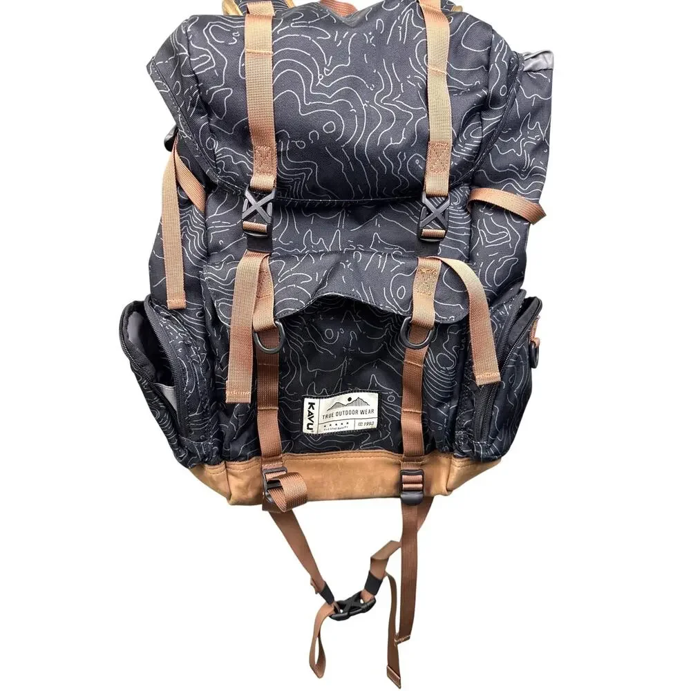 KAVU Camp Sherman Backpack Topo Print Black Gray Brown Hiking Travel Outdoor